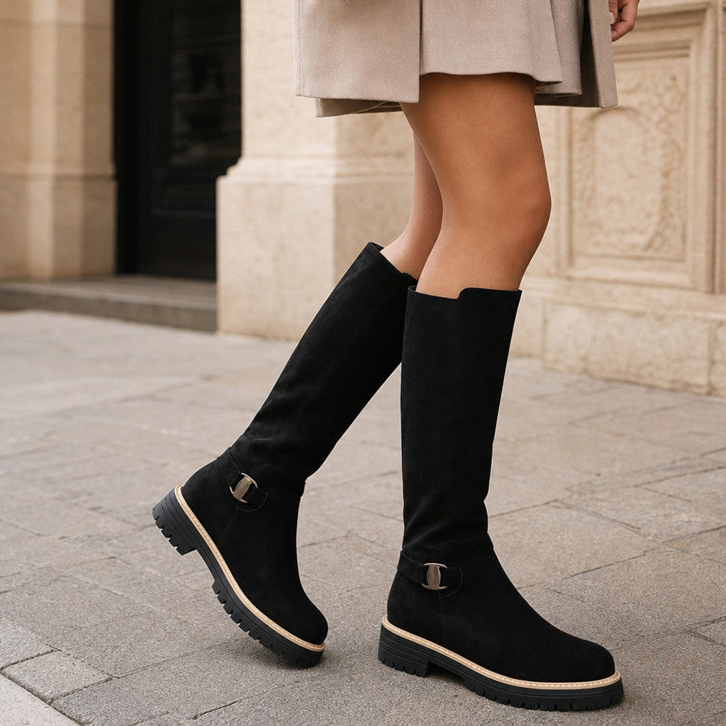 Alditha | Knee High Boots Low Block Heel Lugged Sole Black – Styled Editorial Shot
