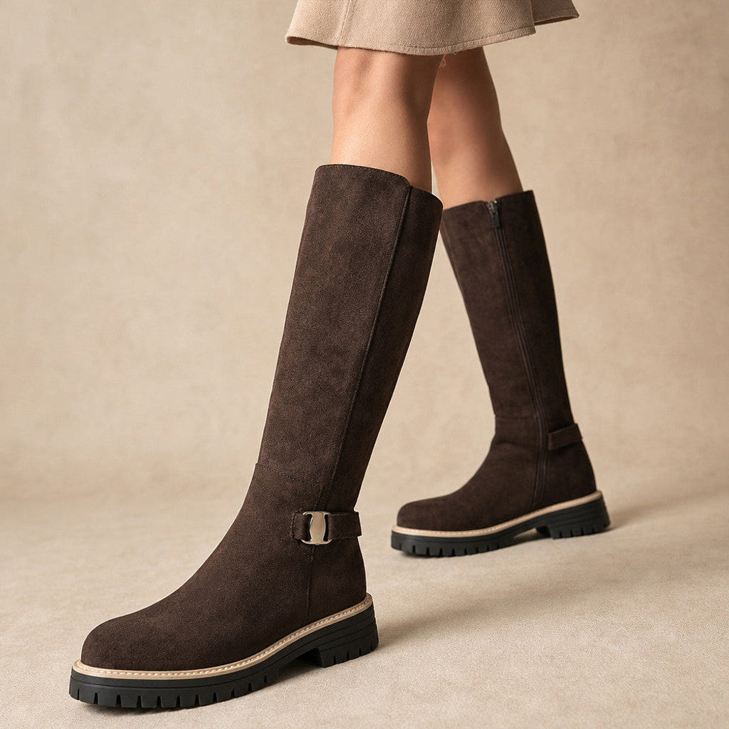 Alditha | Knee High Boots Low Block Heel Lugged Sole Coffee – Product Photo