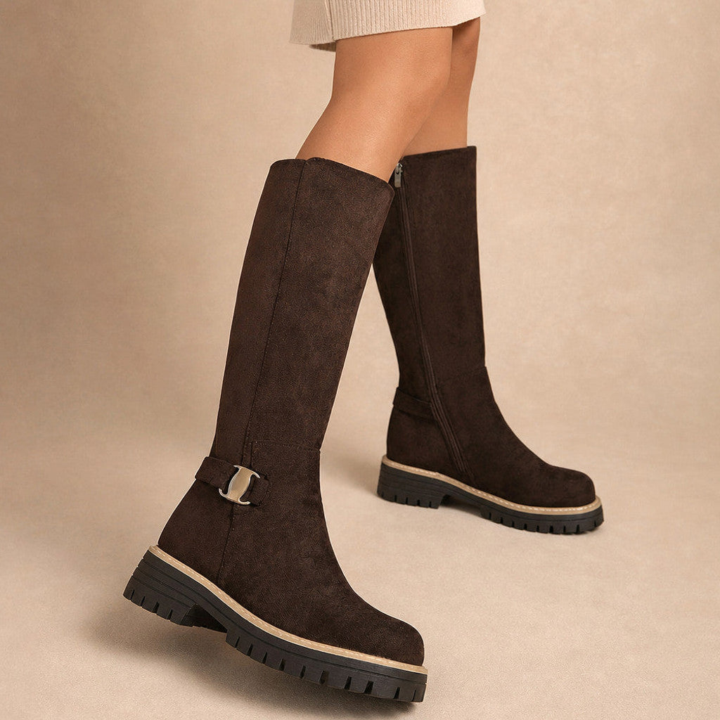 Alditha | Knee High Boots Low Block Heel Lugged Sole in Coffee – Premium Editorial