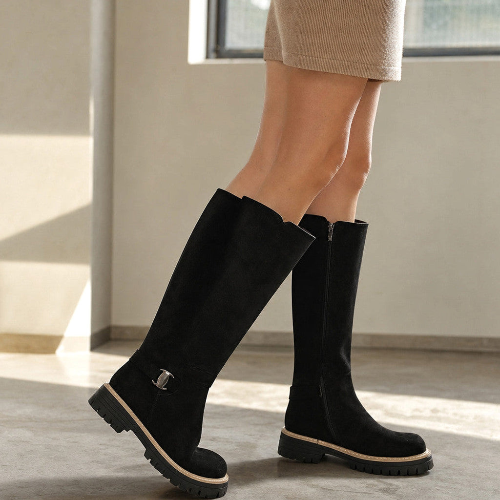 Alditha | Knee High Boots Low Block Heel Lugged Sole – Styled Editorial Shot