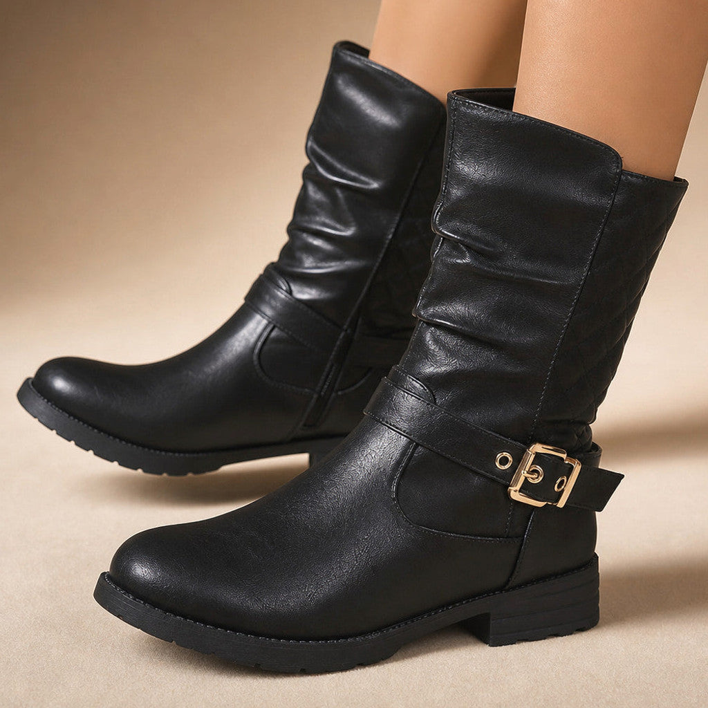Almeria | Mid-Calf Chelsea Boots Gold Buckle Black – Fabric and Detail Close-Up