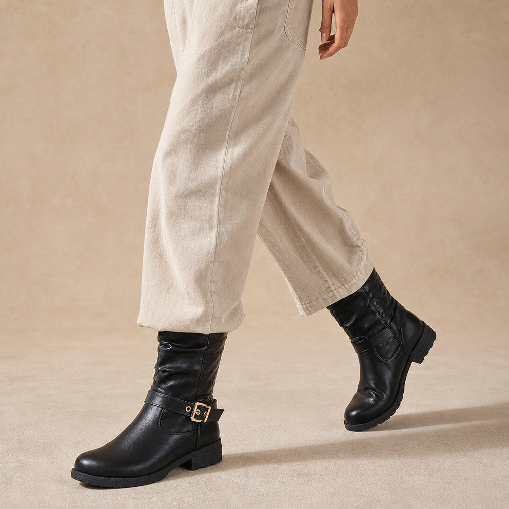 Almeria | Mid-Calf Chelsea Boots Gold Buckle Black – Product Photo