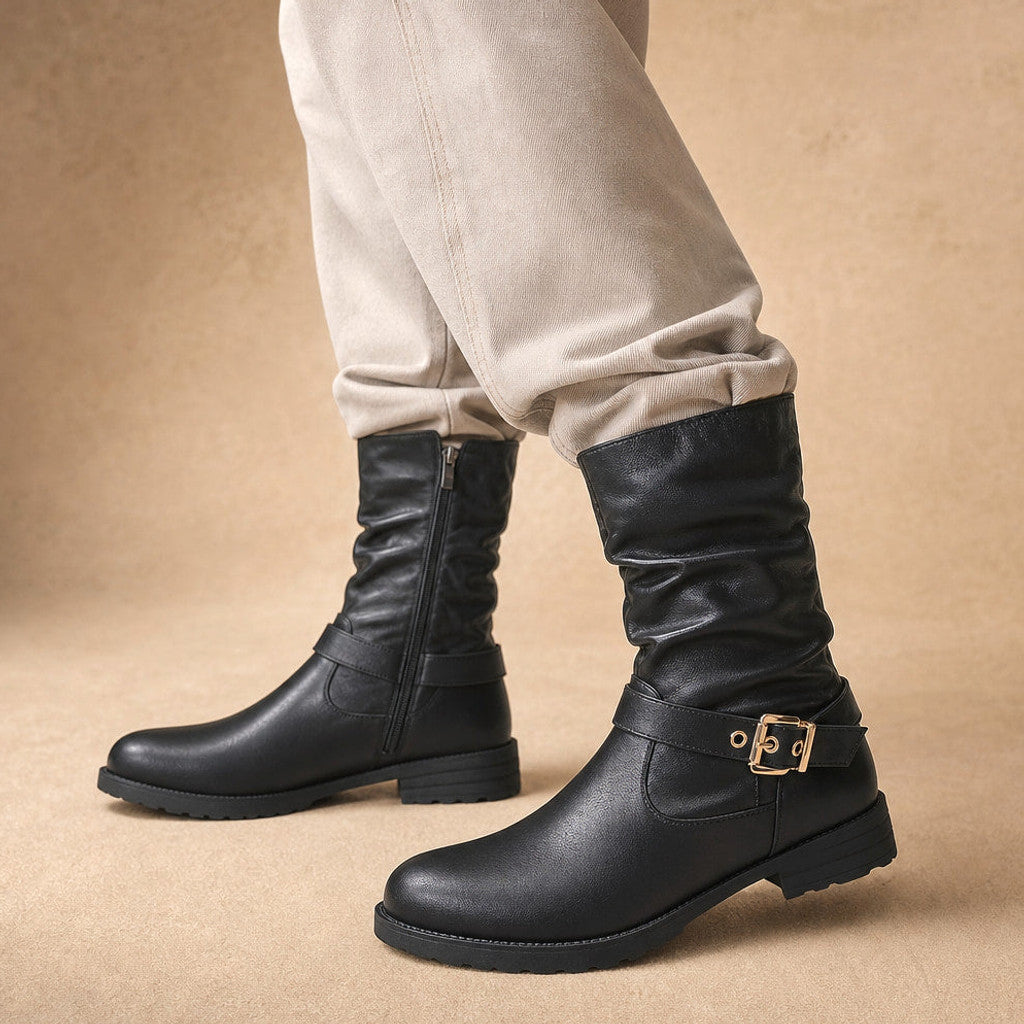 Almeria | Mid-Calf Chelsea Boots Gold Buckle Black – Premium Editorial
