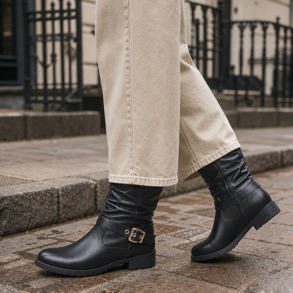 Almeria | Mid-Calf Chelsea Boots Gold Buckle Black – Styled Editorial Shot