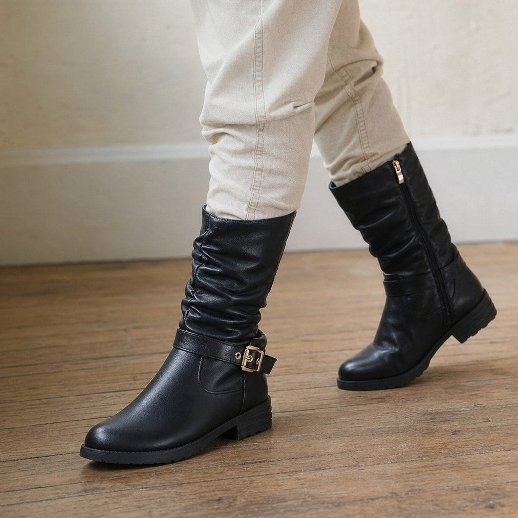 Almeria | Mid-Calf Chelsea Boots Gold Buckle Black – Product Photo