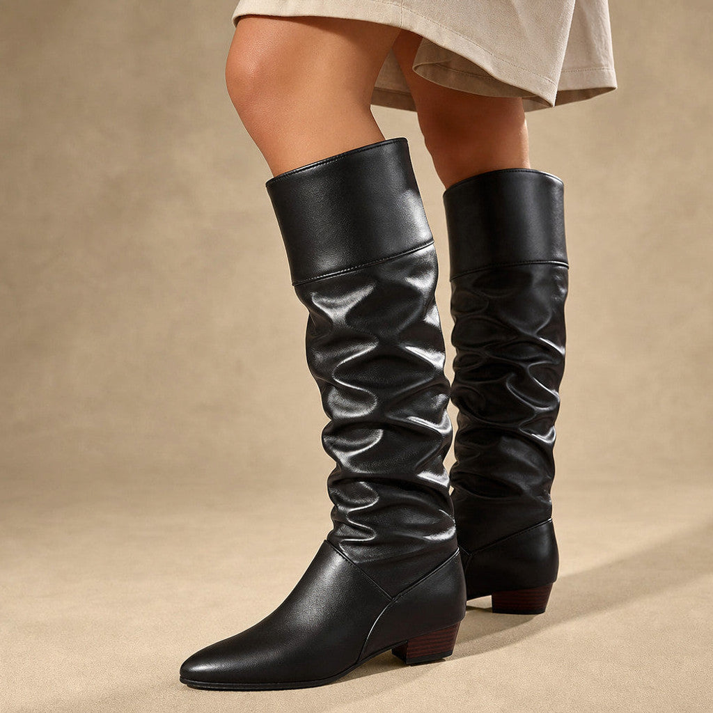 Alwyne | Knee High Boots Ruched Shaft Pointed Toe Black – Product Photo