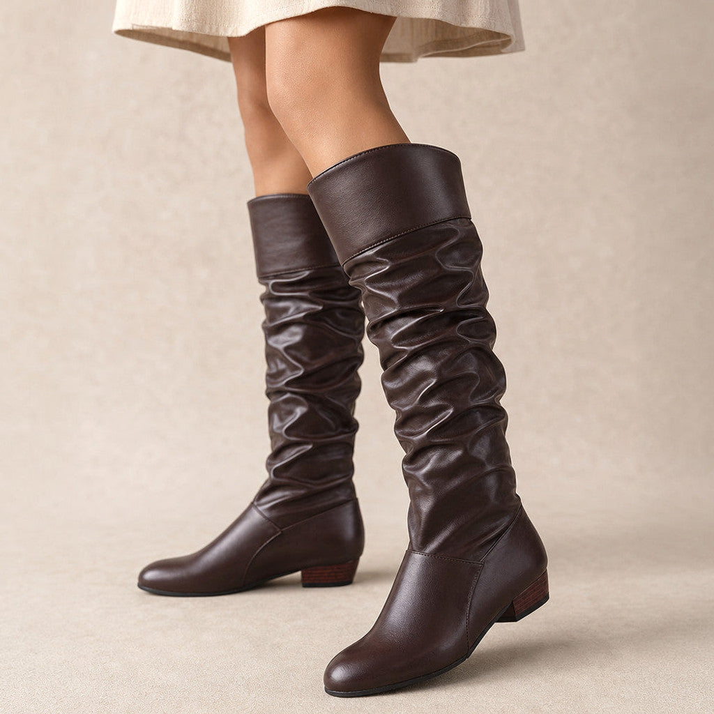 Alwyne | Knee High Boots Ruched Shaft Pointed Toe Coffee Brown – Product Photo