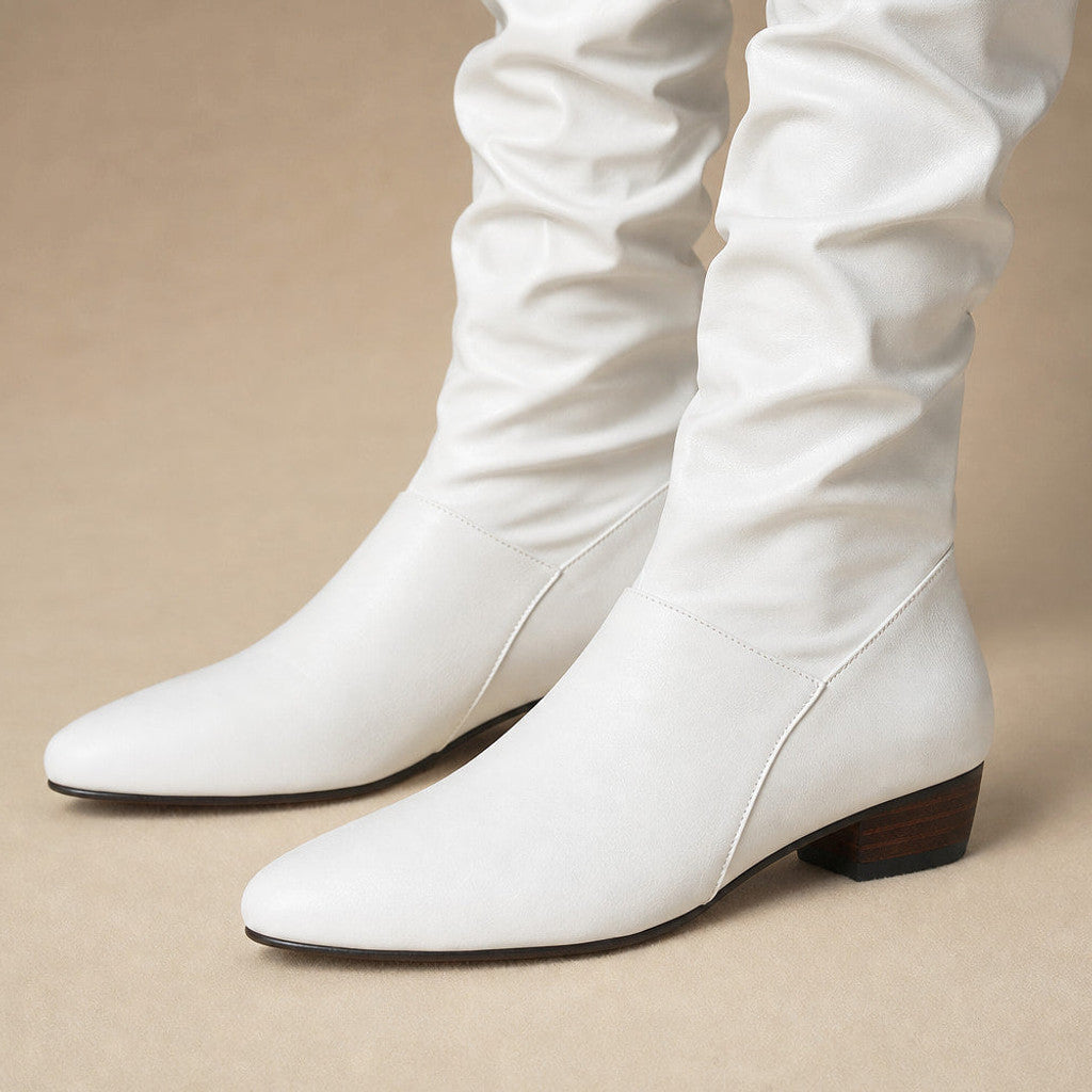 Alwyne | Knee High Boots Ruched Shaft Pointed Toe White – Fabric and Detail Close-Up