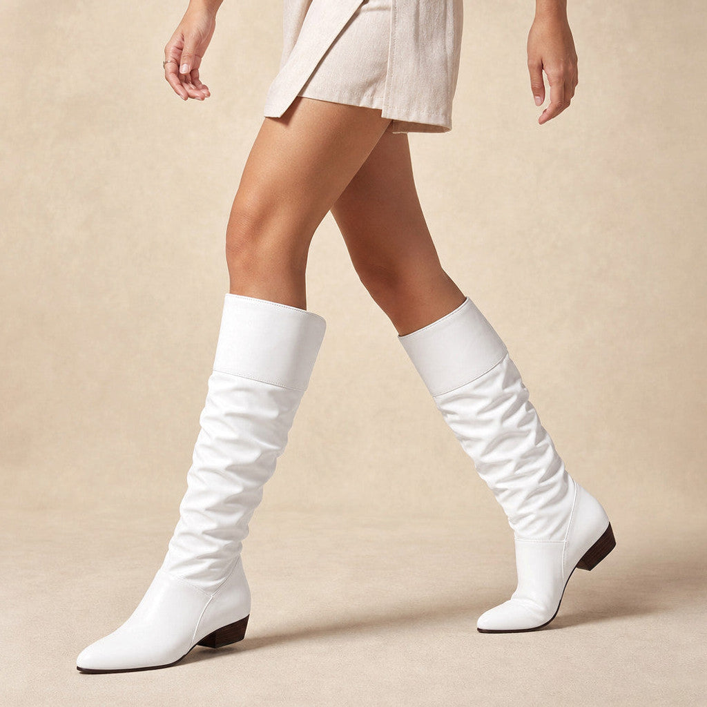 Alwyne | Knee High Boots Ruched Shaft Pointed Toe White – Product Photo