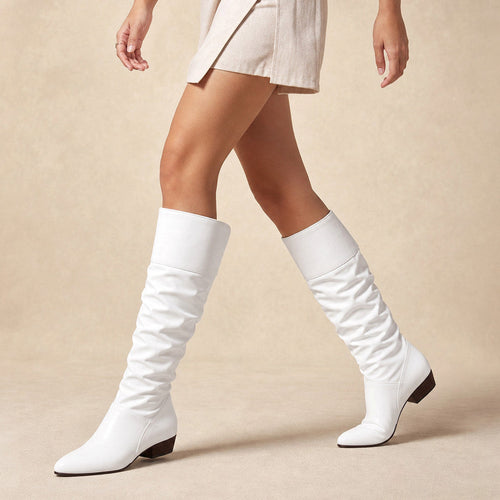 Alwyne | Knee High Boots Ruched Shaft Pointed Toe White – Product Photo