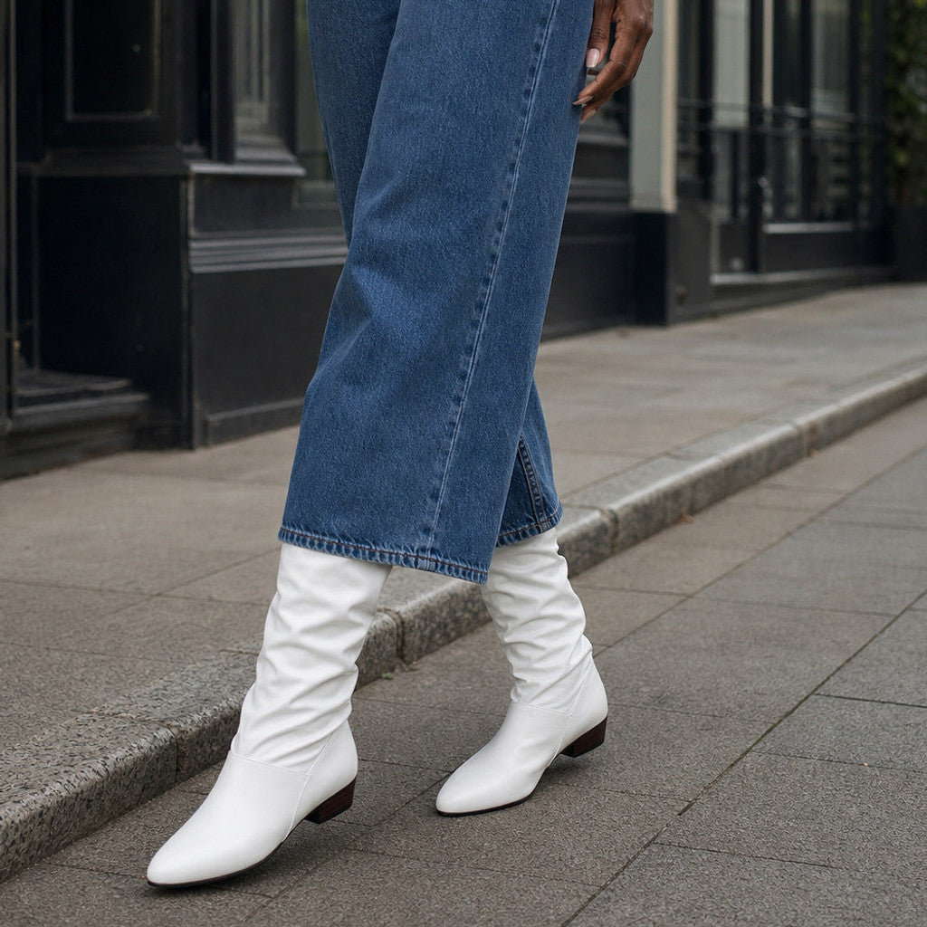 Alwyne | Knee High Boots Ruched Shaft Pointed Toe White – Styled Editorial Shot