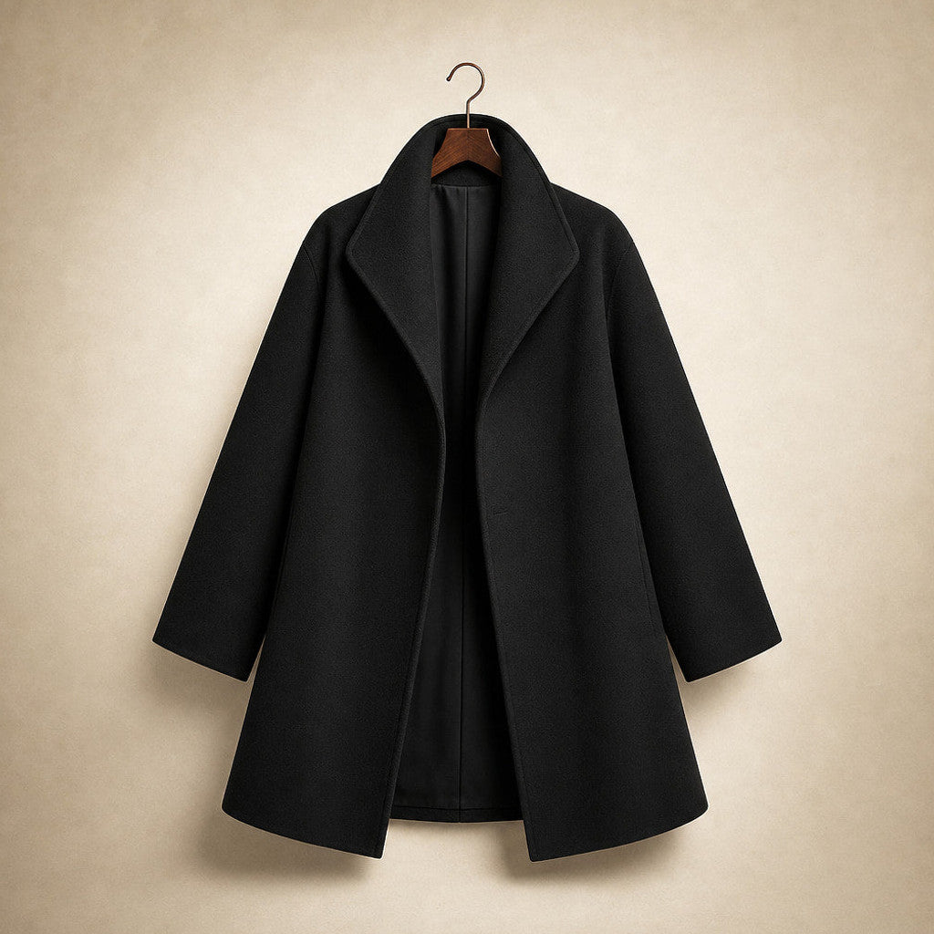 Annora | Wool Coat Notch Lapel Open Front Black – Product Photo