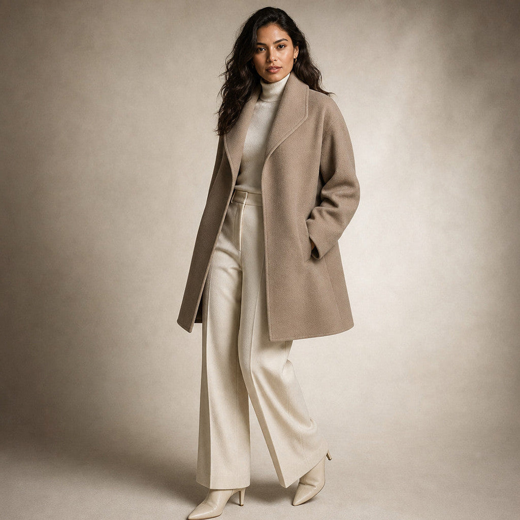Annora | Wool Coat Notch Lapel Open Front Brown – Side Angle View