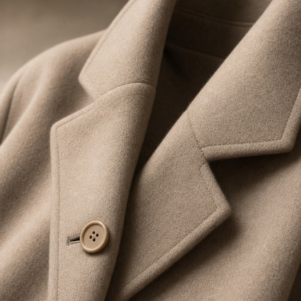 Annora | Wool Coat Notch Lapel Open Front Brown – Fabric and Detail Close-Up