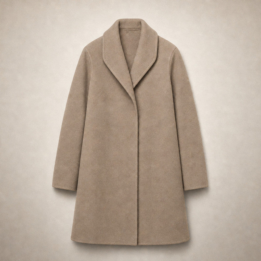 Annora | Wool Coat Notch Lapel Open Front Brown – Flat Lay Product Photo