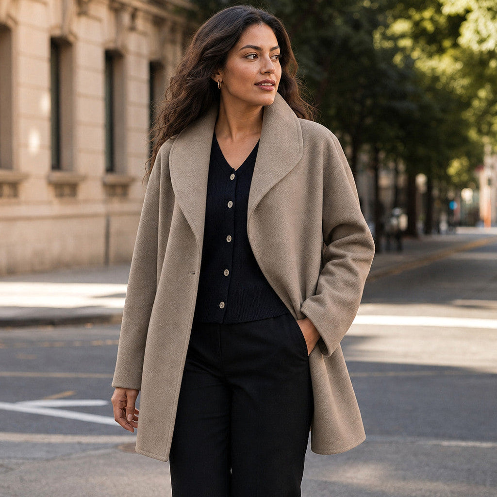 Annora | Wool Coat Notch Lapel Open Front Brown – Styled Editorial Shot