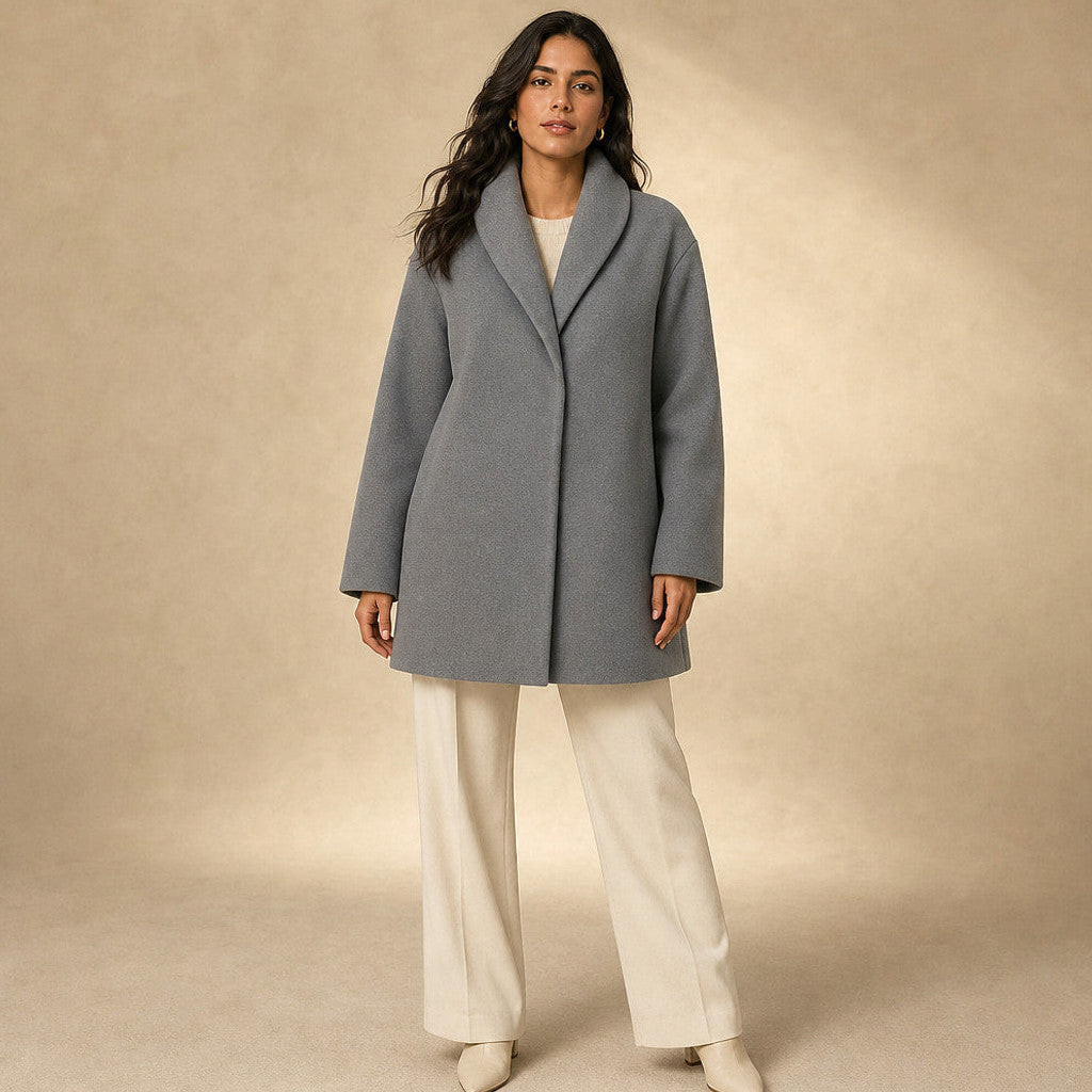 Annora | Wool Coat Notch Lapel Open Front in Grey – Premium Editorial
