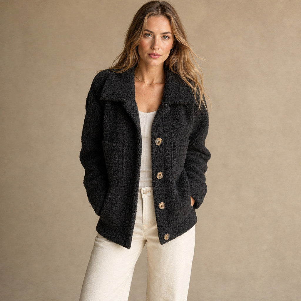Anselma | Sherpa Cardigan Jacket Relaxed Fit in Black – Premium Editorial