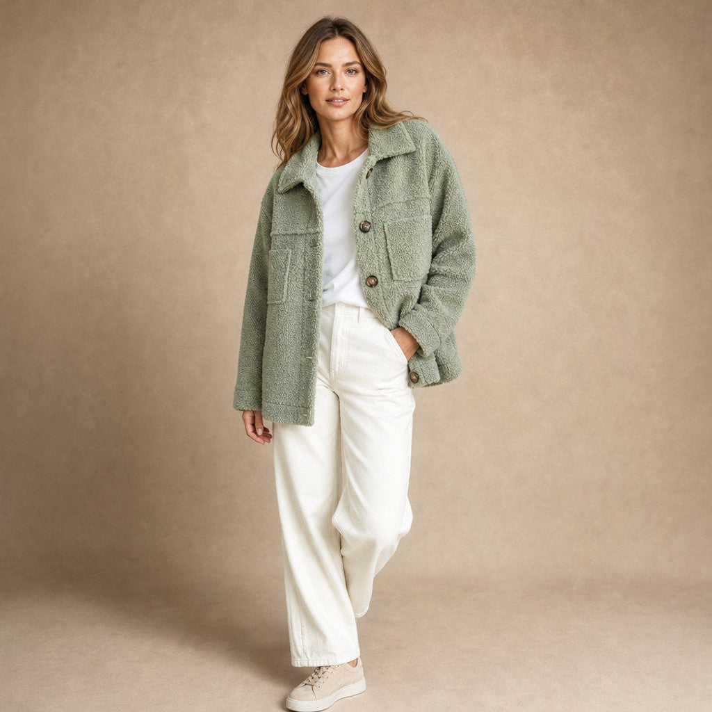 Anselma | Sherpa Cardigan Jacket Relaxed Fit Green – Side Angle View