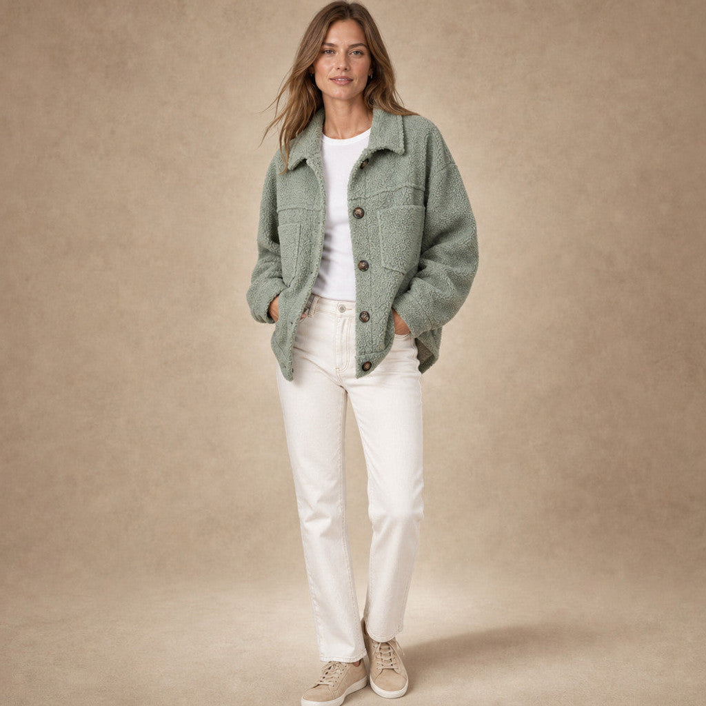 Anselma | Sherpa Cardigan Jacket Relaxed Fit Green – Full Look