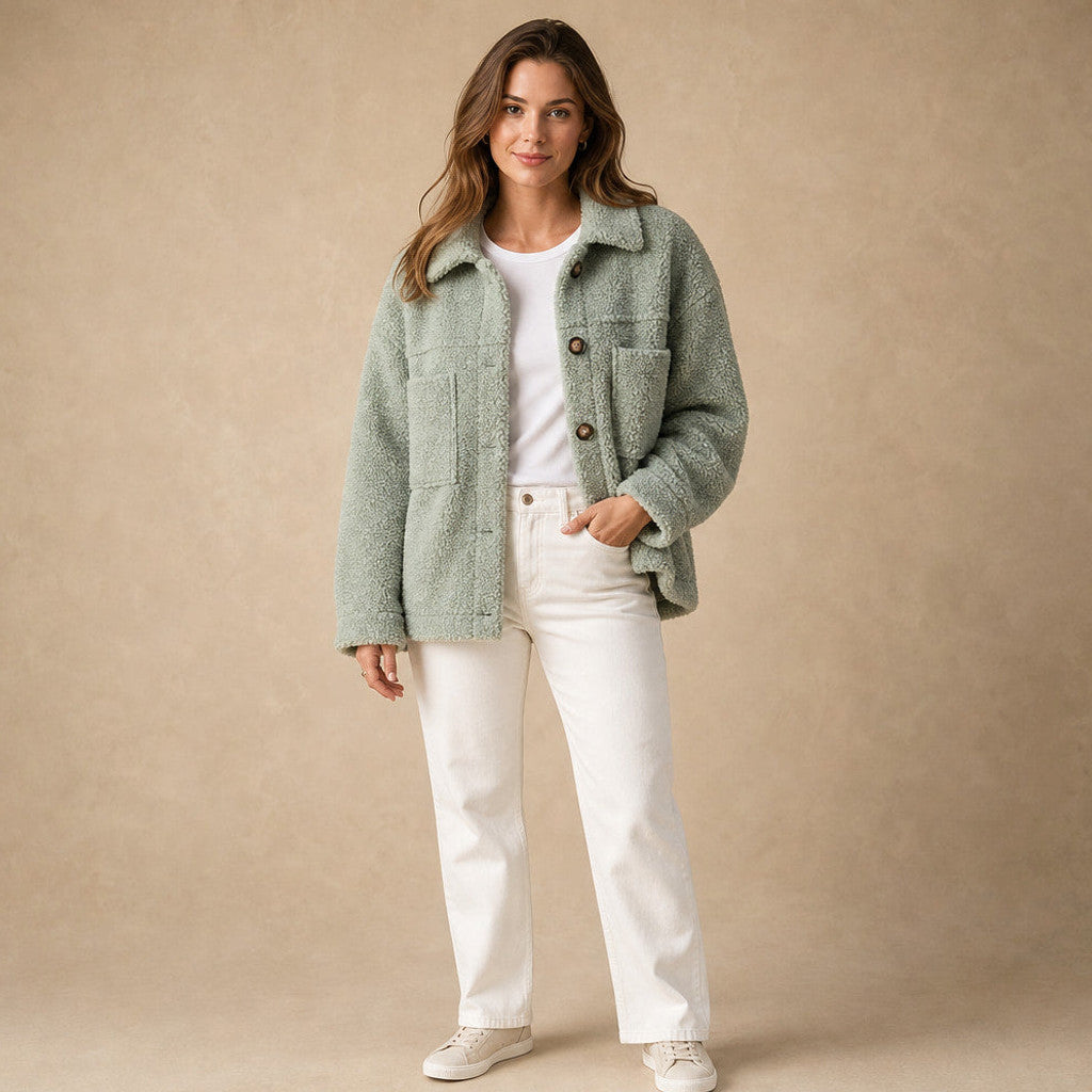 Anselma | Sherpa Cardigan Jacket Relaxed Fit in Green – Premium Editorial