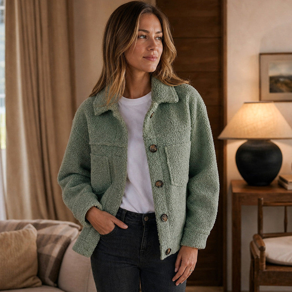 Anselma | Sherpa Cardigan Jacket Relaxed Fit Green – Styled Editorial Shot