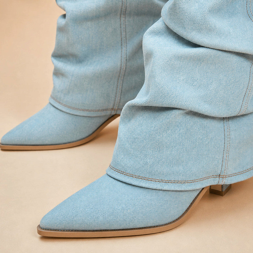 Avice | Pleated Denim Cowboy Boots Blue Blue – Fabric and Detail Close-Up