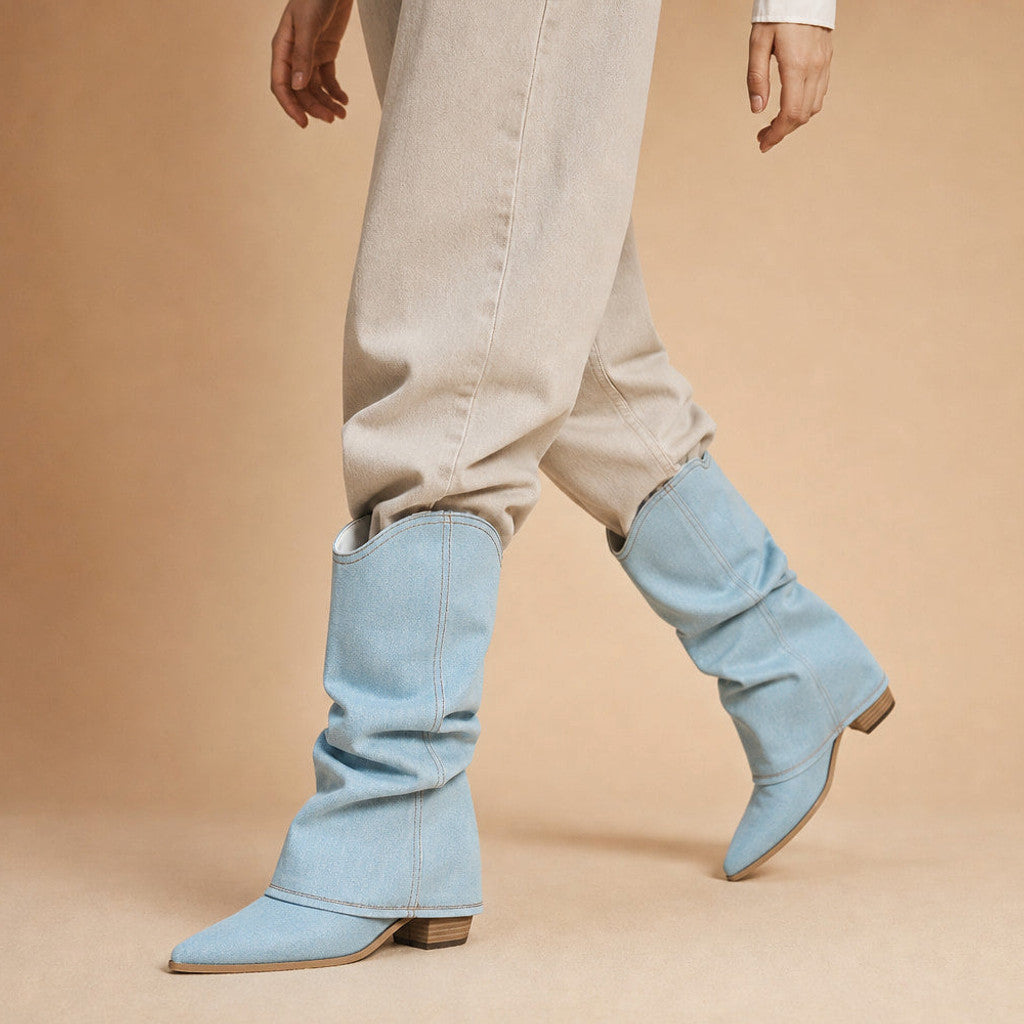 Avice | Pleated Denim Cowboy Boots Blue Blue – Product Photo