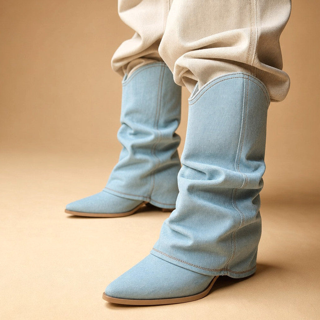 Avice | Pleated Denim Cowboy Boots Blue in Blue – Premium Editorial