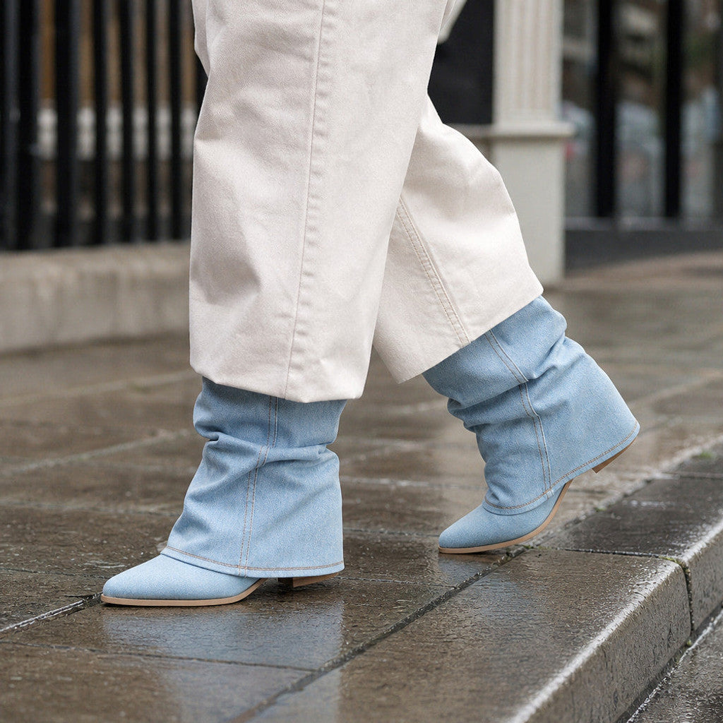 Avice | Pleated Denim Cowboy Boots Blue Blue – Styled Editorial Shot