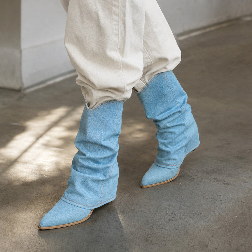 Avice | Pleated Denim Cowboy Boots Blue – Styled Editorial Shot