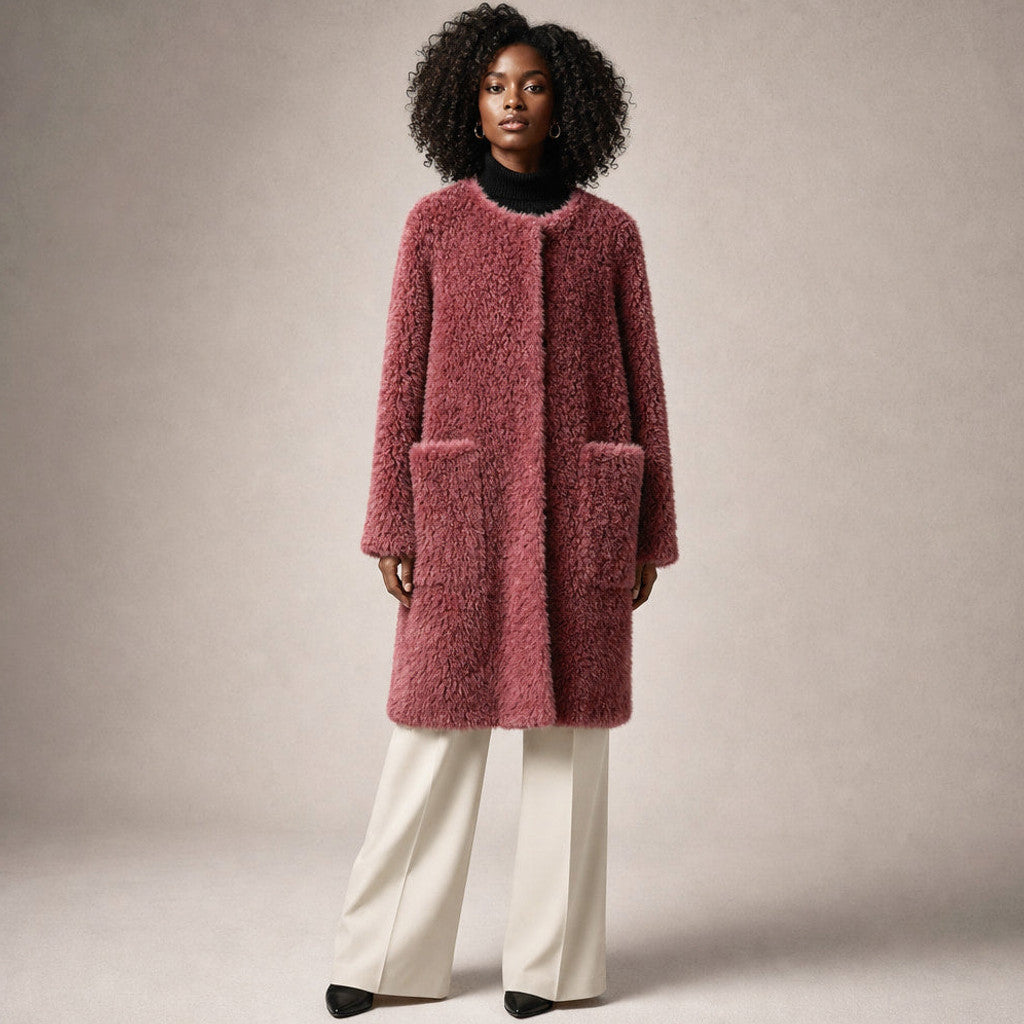 Avicia | Teddy Coat Wrap Front Draped in Crimson Red – Premium Editorial