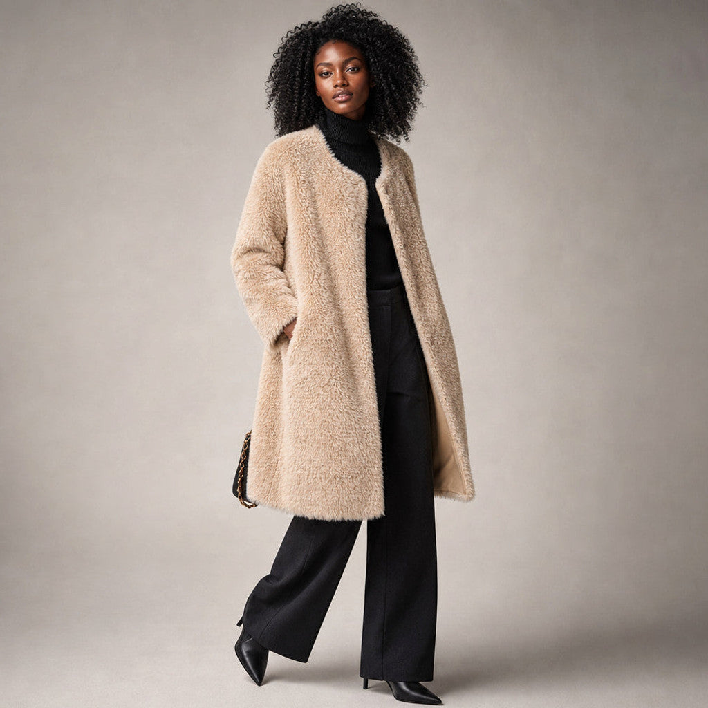 Avicia | Teddy Coat Wrap Front Draped Khaki Beige – Side Angle View