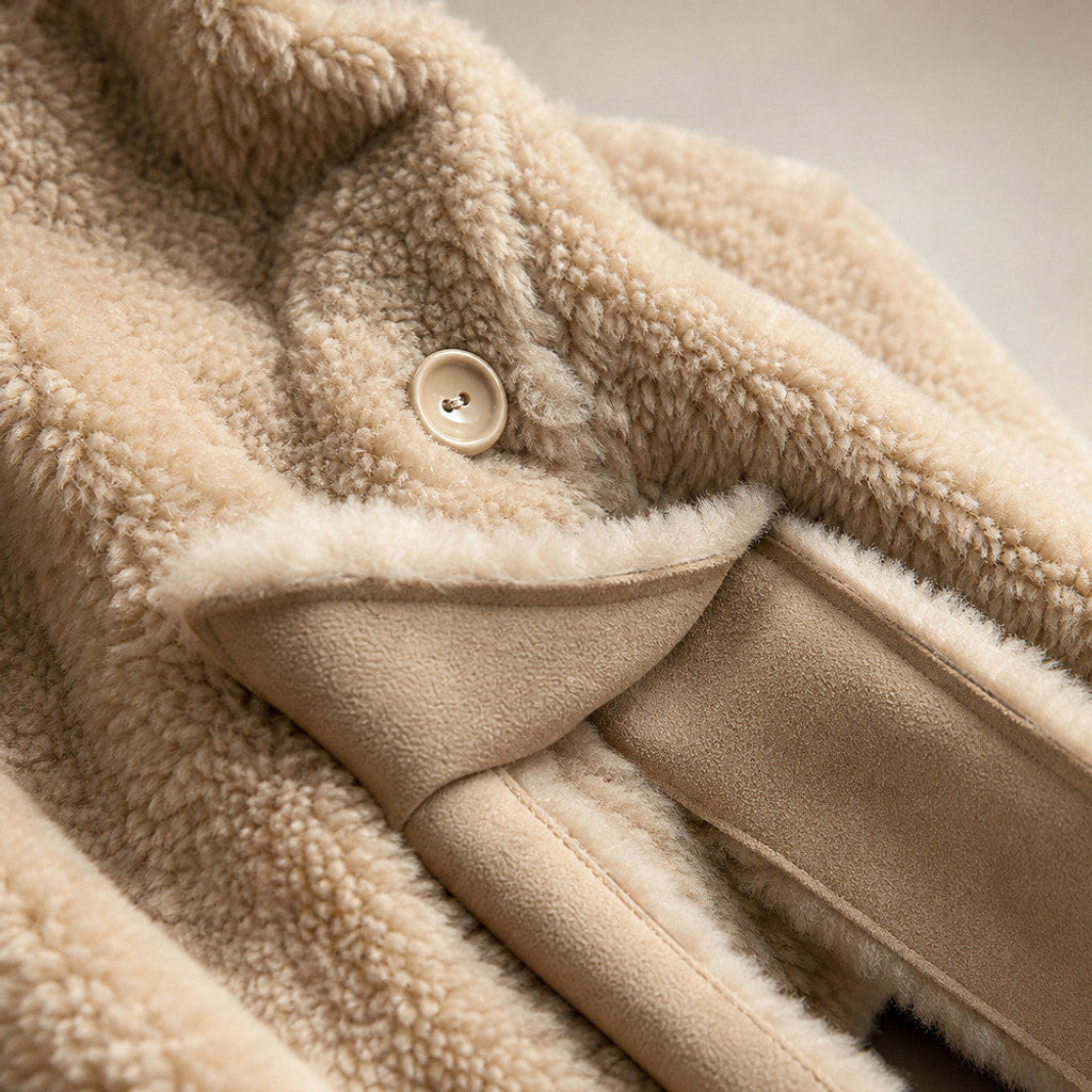 Avicia | Teddy Coat Wrap Front Draped Khaki Beige – Fabric and Detail Close-Up