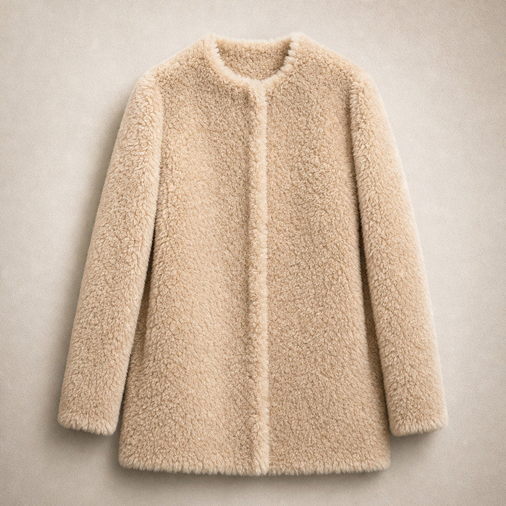 Avicia | Teddy Coat Wrap Front Draped Khaki Beige – Flat Lay Product Photo
