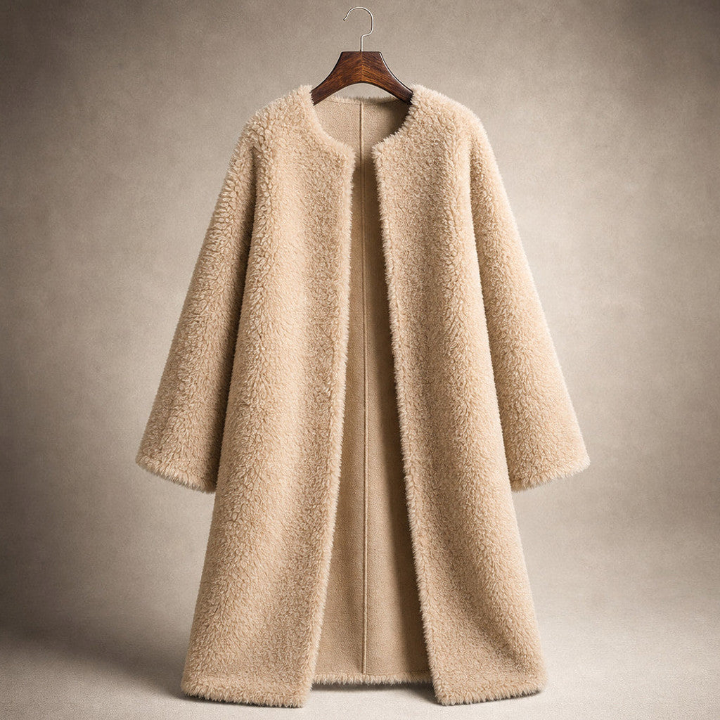 Avicia | Teddy Coat Wrap Front Draped Khaki Beige – Product Photo
