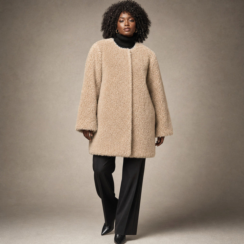 Avicia | Teddy Coat Wrap Front Draped in Khaki Beige – Premium Editorial