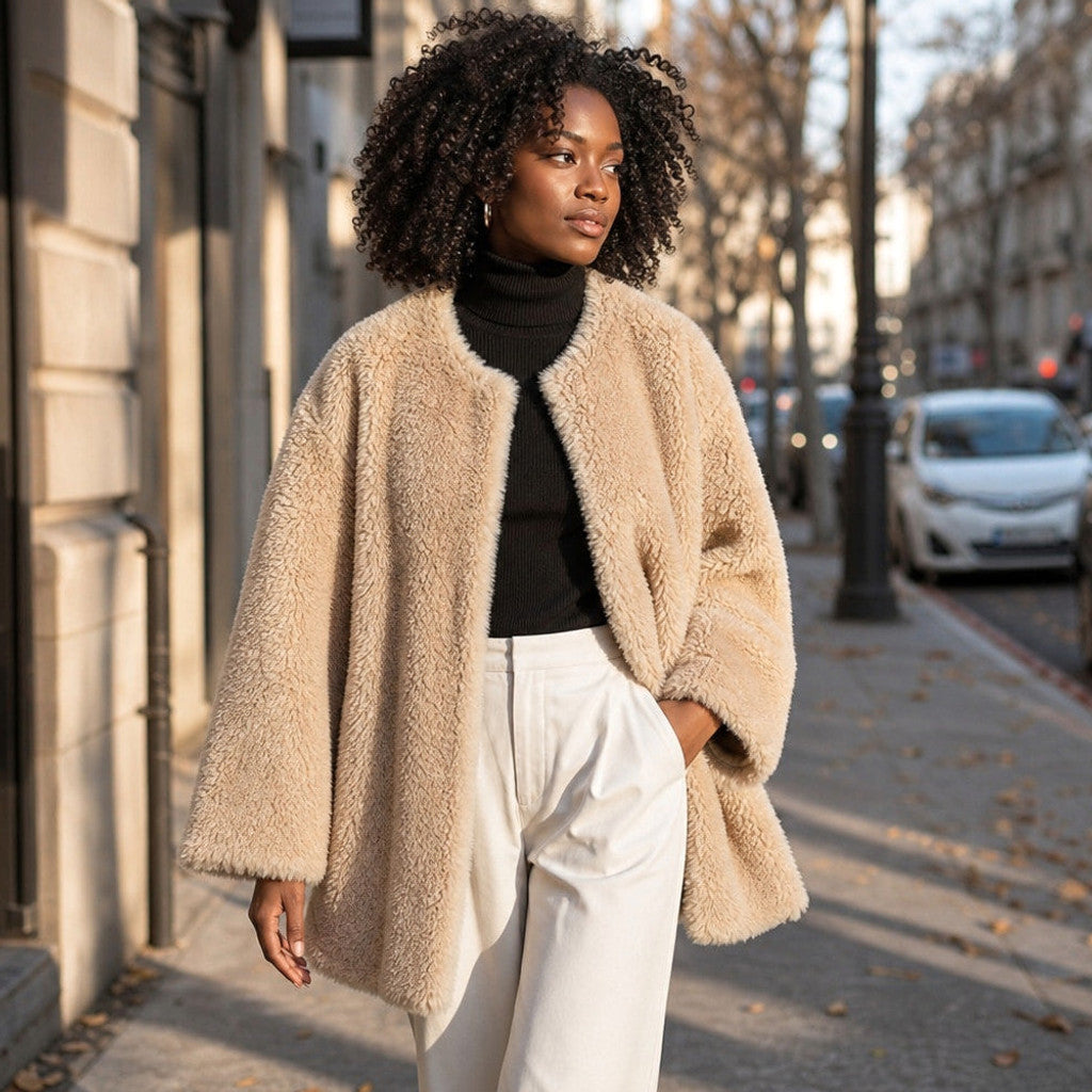 Avicia | Teddy Coat Wrap Front Draped Khaki Beige – Styled Editorial Shot