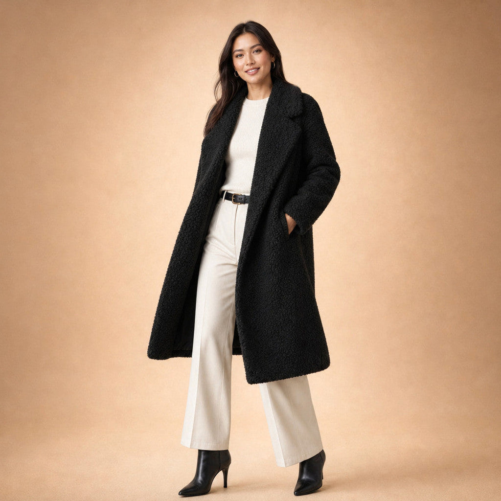 Avis | Teddy Coat Notch Lapel Longline Black – Side Angle View