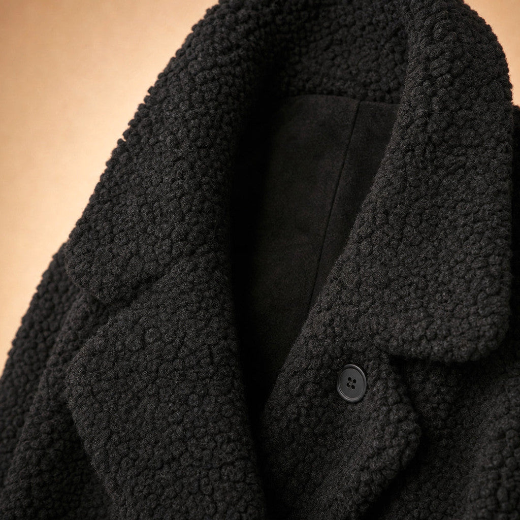 Avis | Teddy Coat Notch Lapel Longline Black – Fabric and Detail Close-Up
