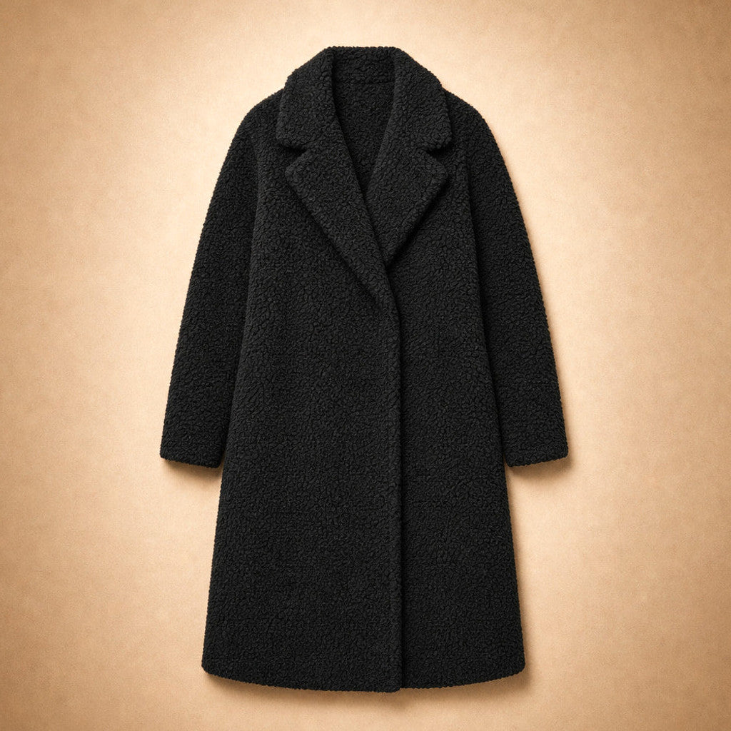 Avis | Teddy Coat Notch Lapel Longline Black – Flat Lay Product Photo