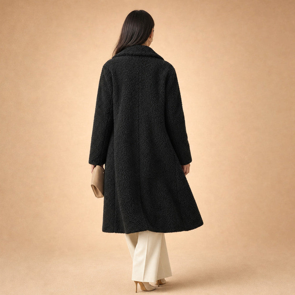 Avis | Teddy Coat Notch Lapel Longline Black – Full Look