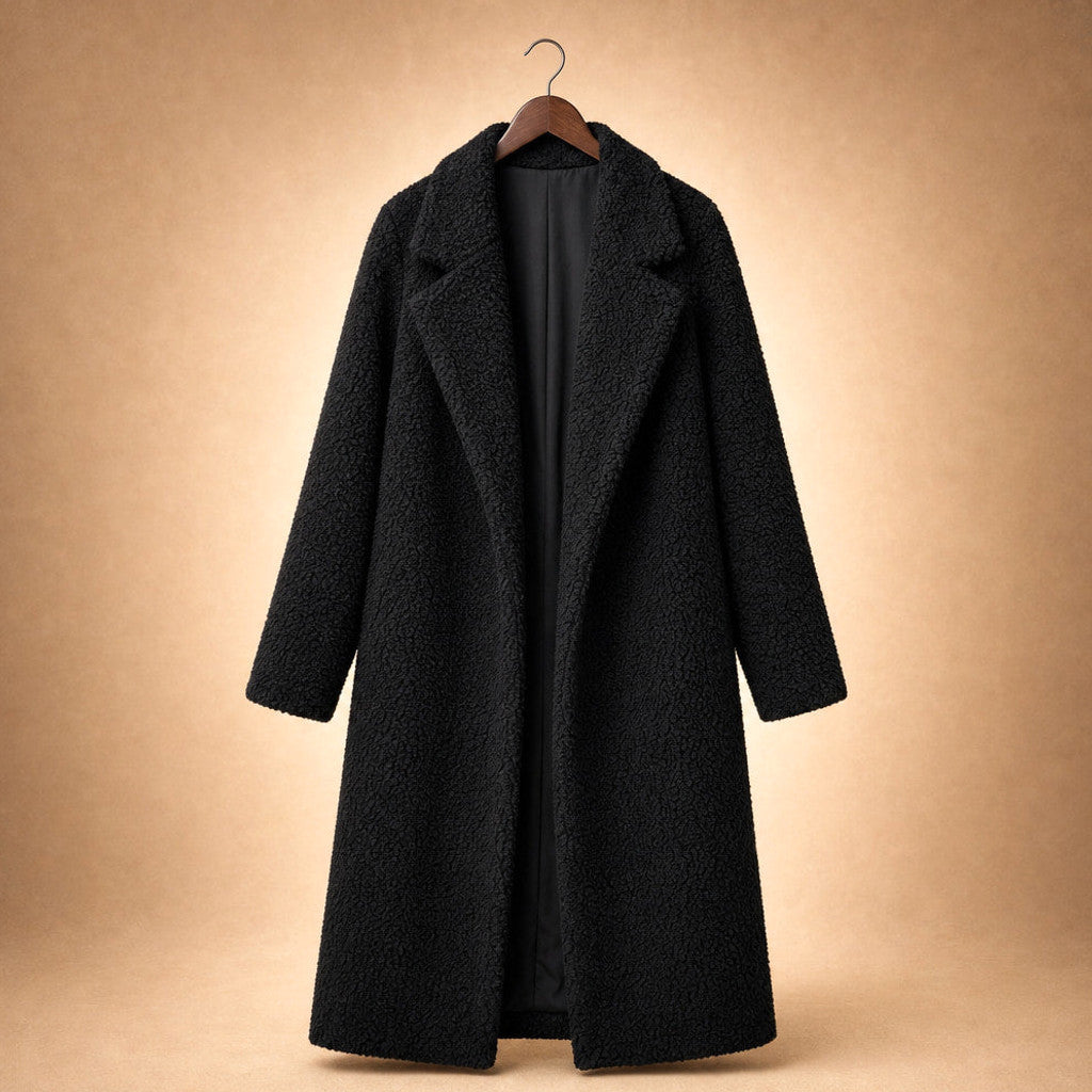 Avis | Teddy Coat Notch Lapel Longline Black – Product Photo
