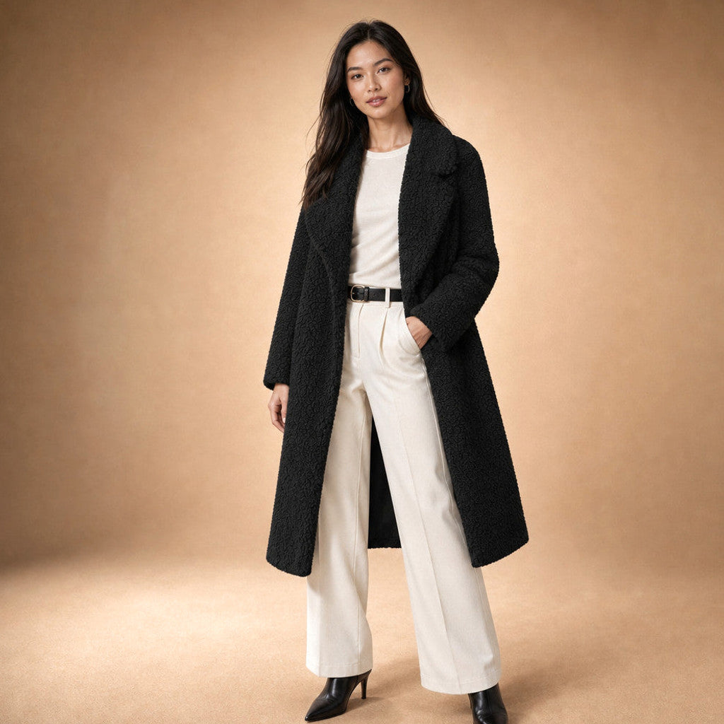 Avis | Teddy Coat Notch Lapel Longline in Black – Premium Editorial