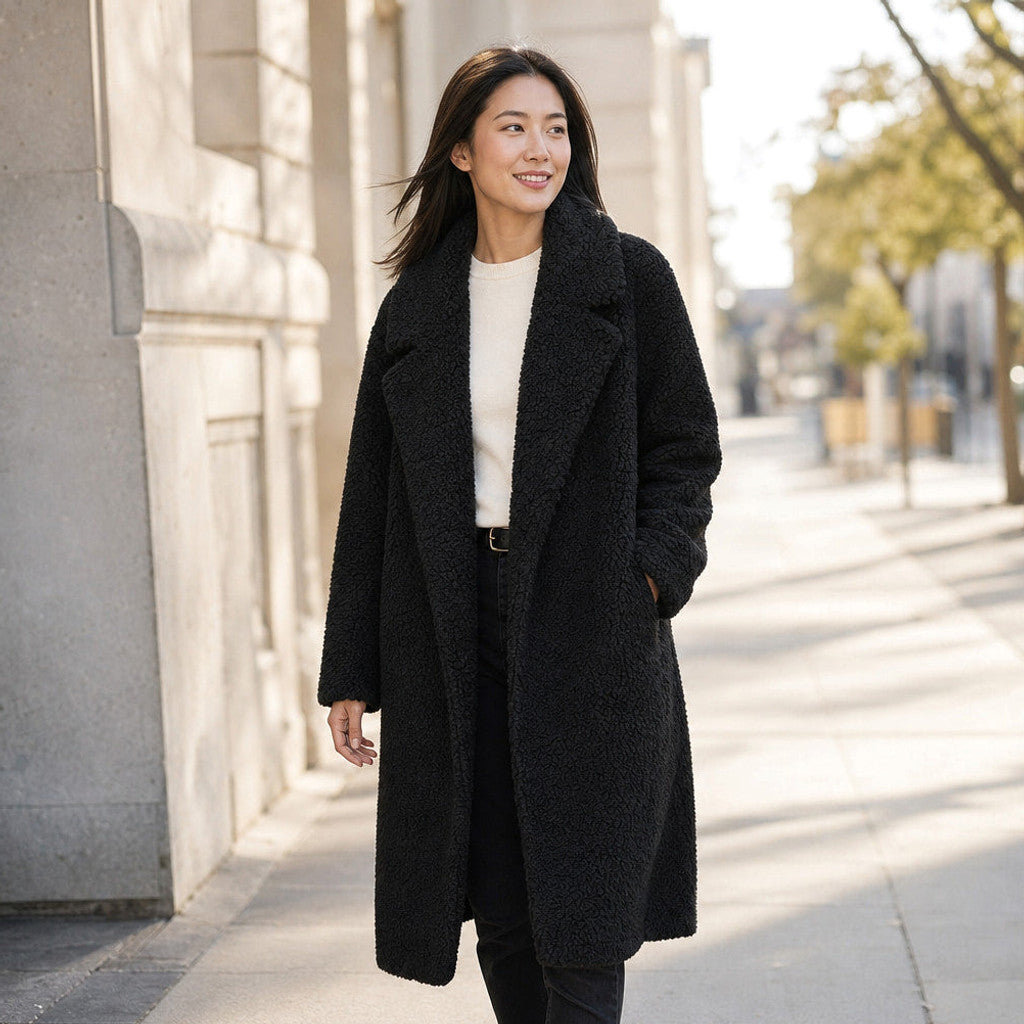 Avis | Teddy Coat Notch Lapel Longline Black – Styled Editorial Shot