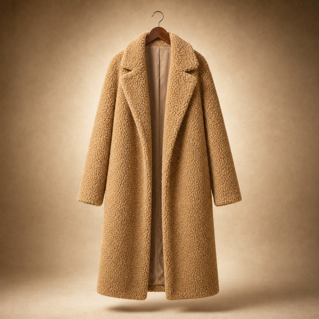 Avis | Teddy Coat Notch Lapel Longline Light Brown – Product Photo