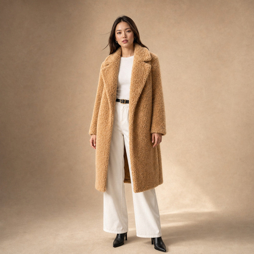 Avis | Teddy Coat Notch Lapel Longline in Light Brown – Premium Editorial