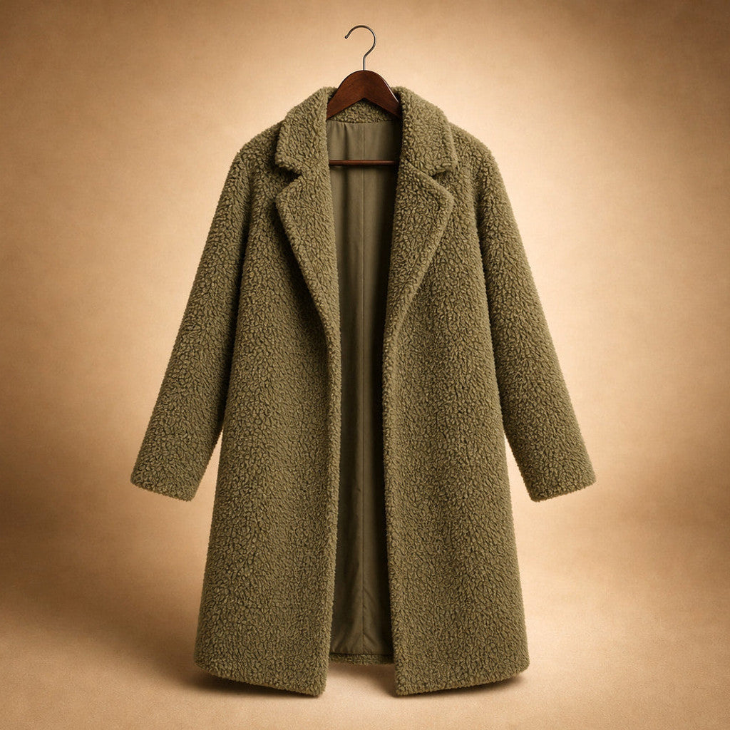 Avis | Teddy Coat Notch Lapel Longline Olive – Product Photo