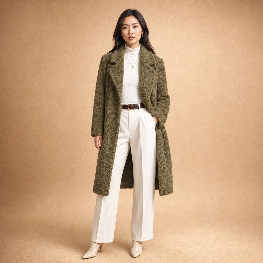 Avis | Teddy Coat Notch Lapel Longline in Olive – Premium Editorial