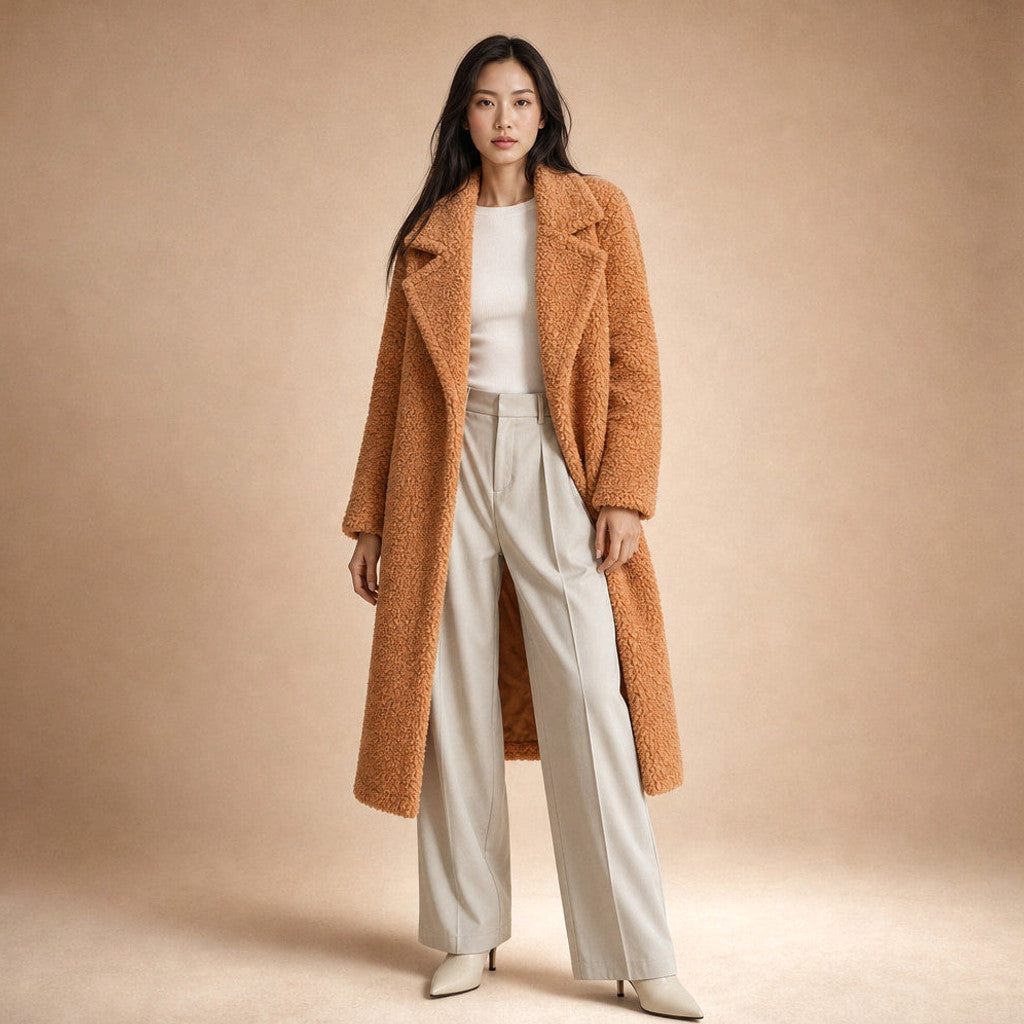 Avis | Teddy Coat Notch Lapel Longline in Orange – Premium Editorial